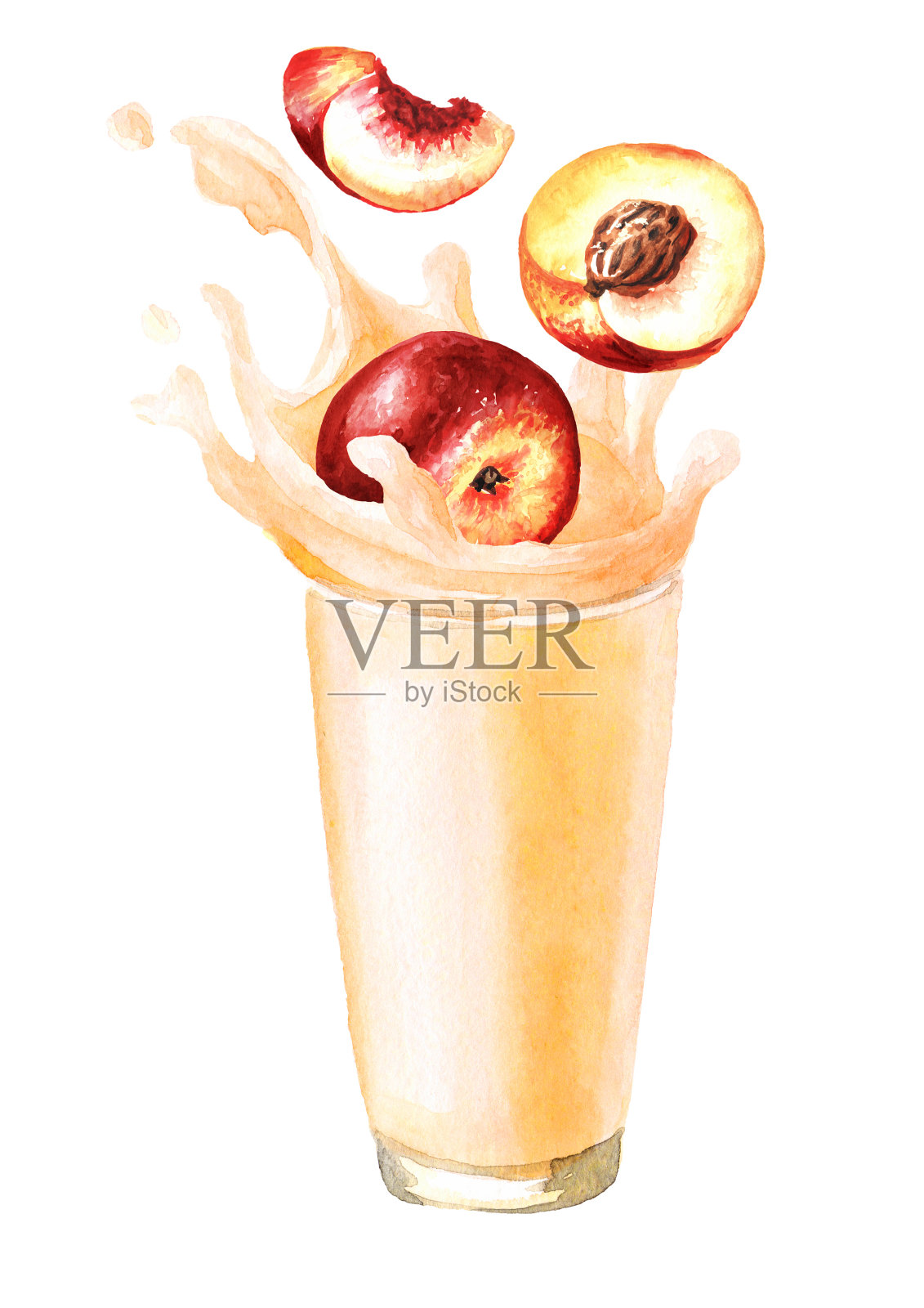 玻璃飞溅。桃子牛奶，酸奶，奶昔。手绘水彩插图孤立在白色背景插画图片素材