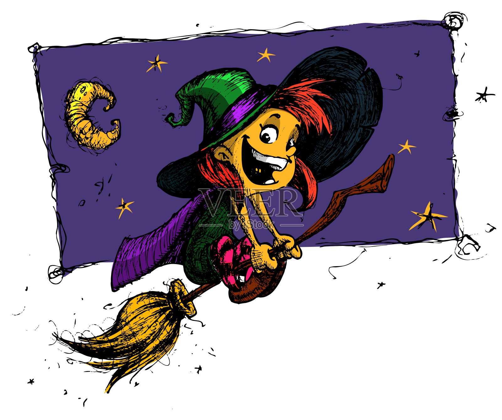 骑着扫帚飞行的卡通女巫。向量万圣节插图。手绘向量插画图片素材