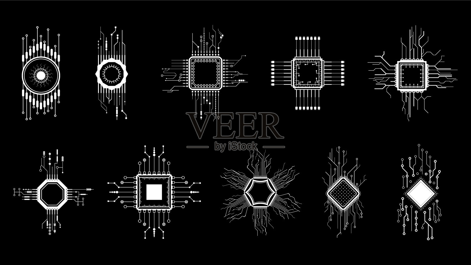集抽象集合白色简单线Cpu，计算机，技术涂鸦轮廓元素矢量设计风格素描孤立在白色背景插图插画图片素材
