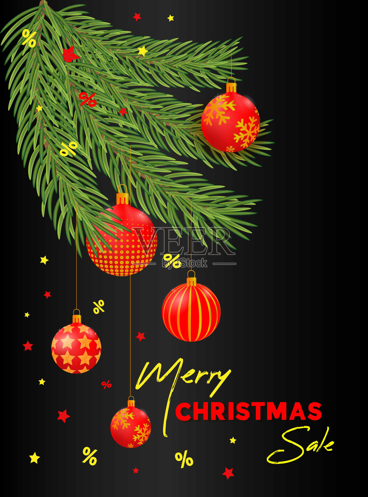 销售横幅圣诞球在红色和金色的圣诞树上。设计模板素材