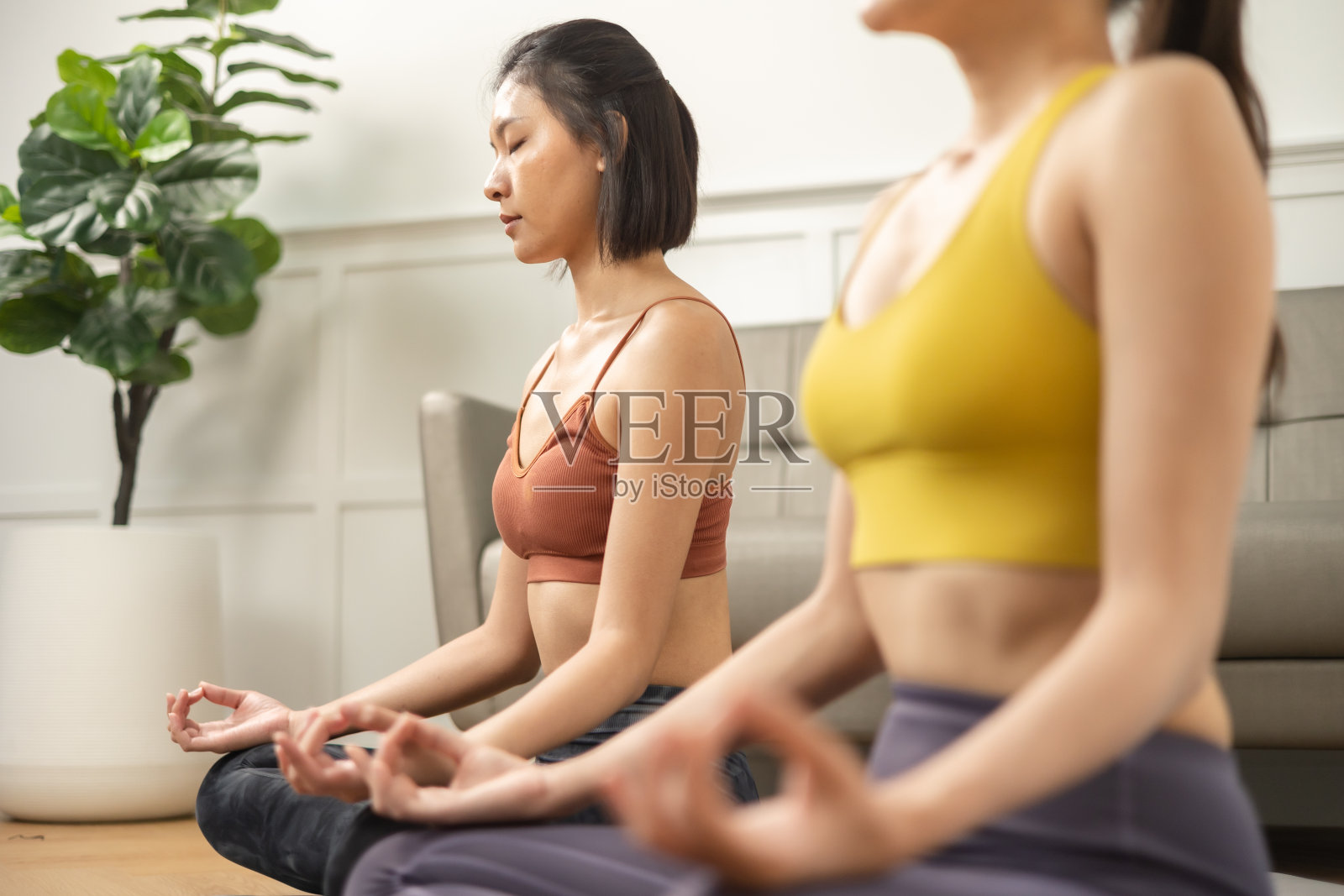 夫妇不同的运动人士练习。亚洲活跃女性朋友做瑜伽普拉提一起在家里锻炼。照片摄影图片