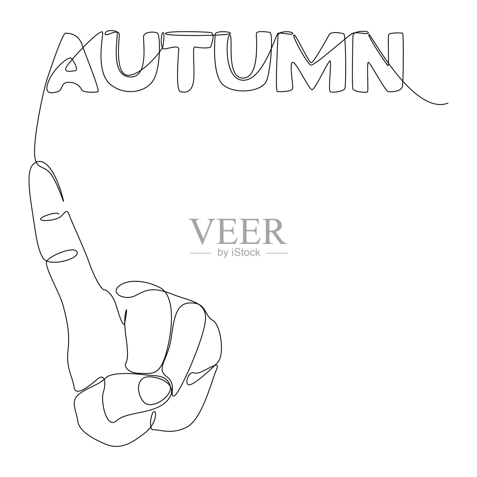 食指指向秋天的字。细线插图矢量概念。创意想法。设计元素图片
