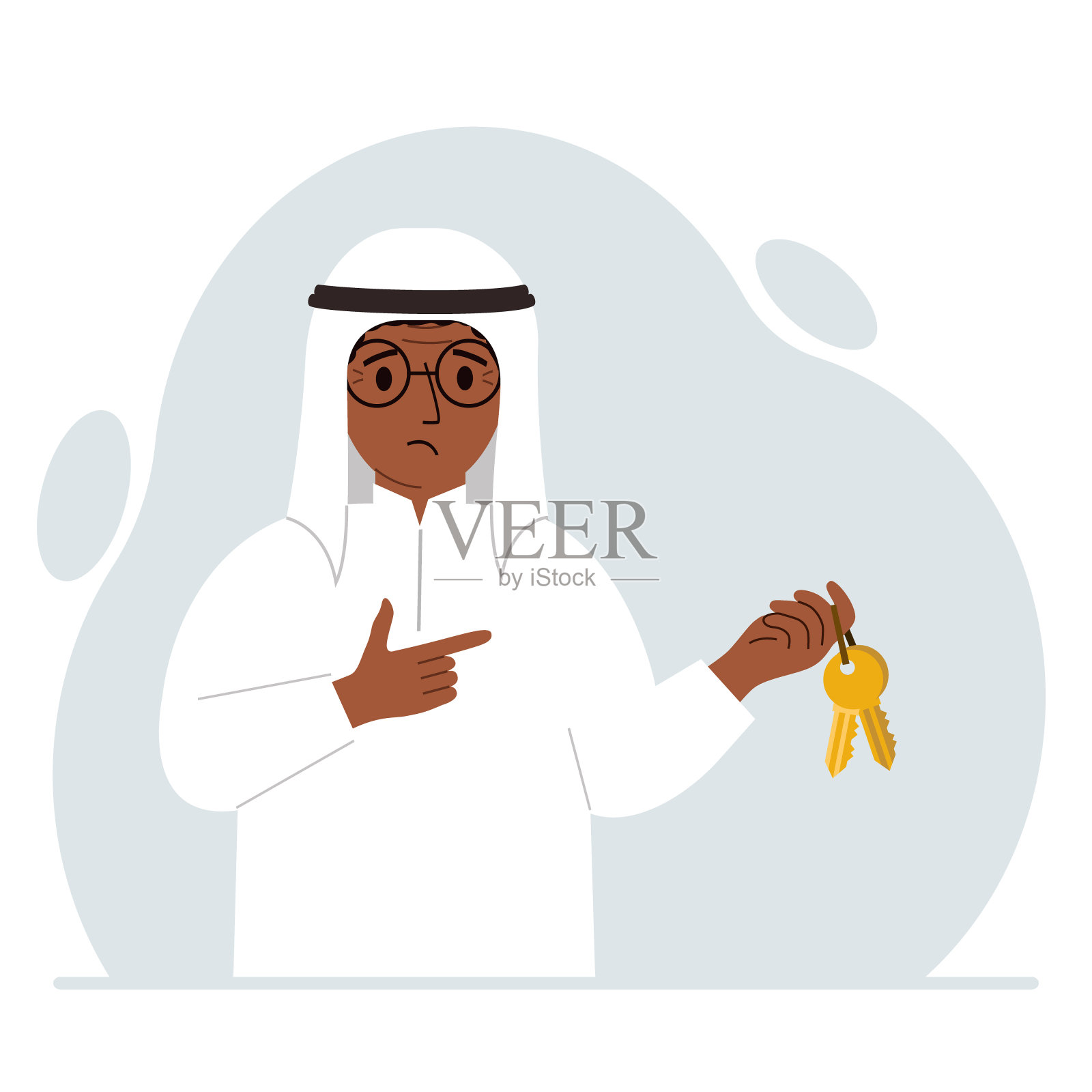 一个男人拿着一串金钥匙打开一扇锁着的门。知识还是成功的关键。插画图片素材