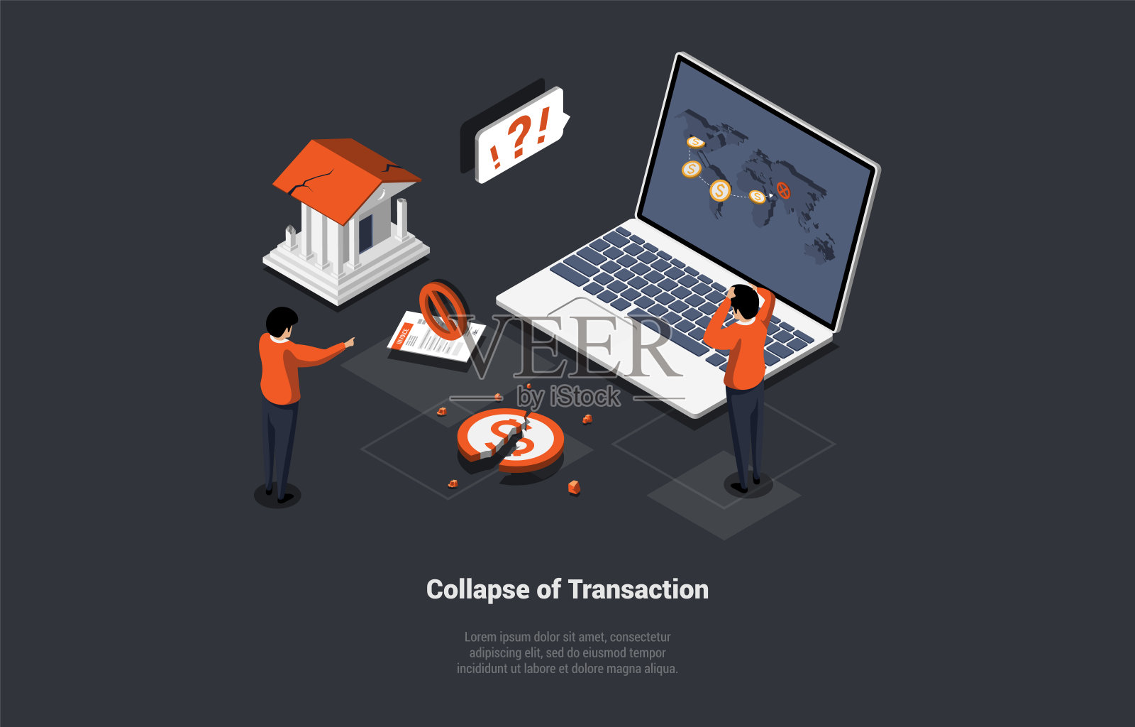 银行交易崩溃的概念，货币转移问题。国际支付系统故障。人们使用世界服务进行支付。等距卡通三维矢量插图插画图片素材