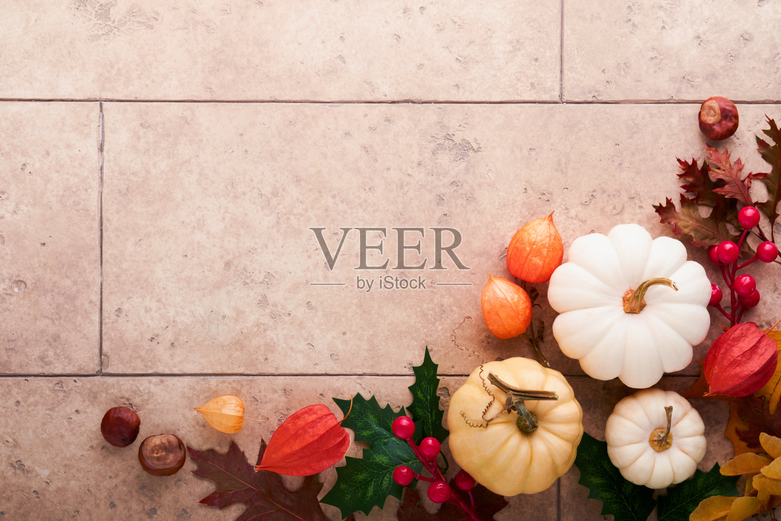 万圣节喜庆的秋天背景。秋天的装饰从南瓜，浆果，枫叶和栗子在古老的乡村石瓷砖背景。感恩节万圣节的概念。俯视图复制空间照片摄影图片