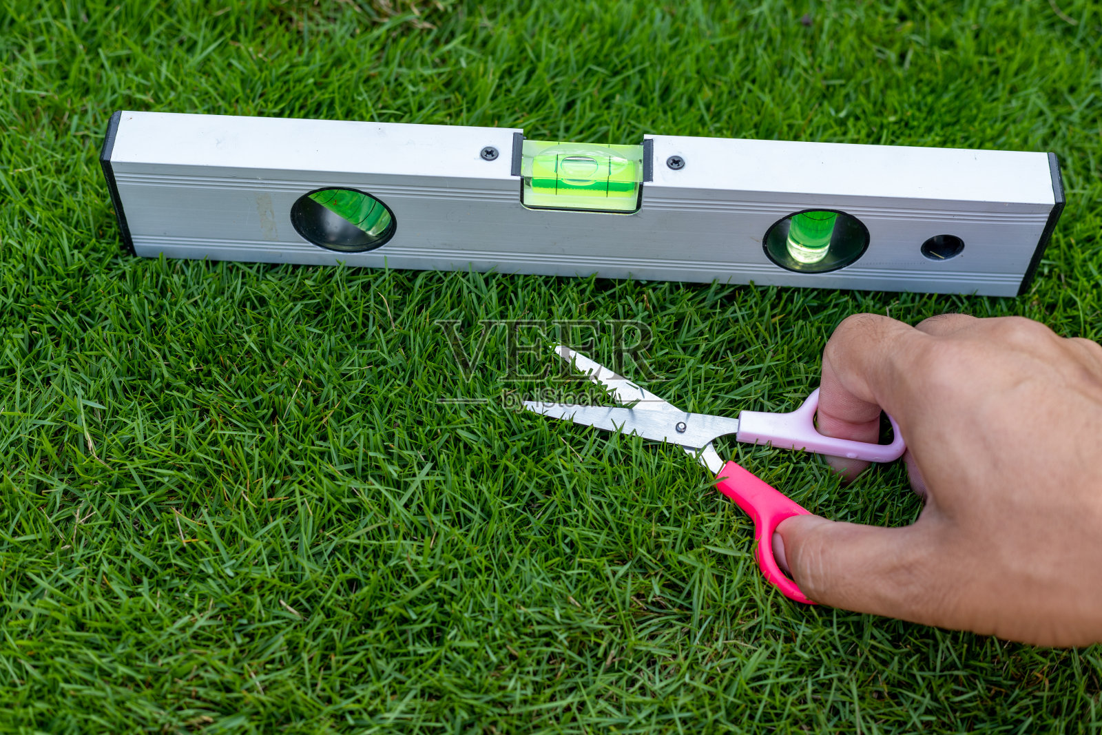 在小剪刀的帮助下，用水平仪将草调平并切割照片摄影图片