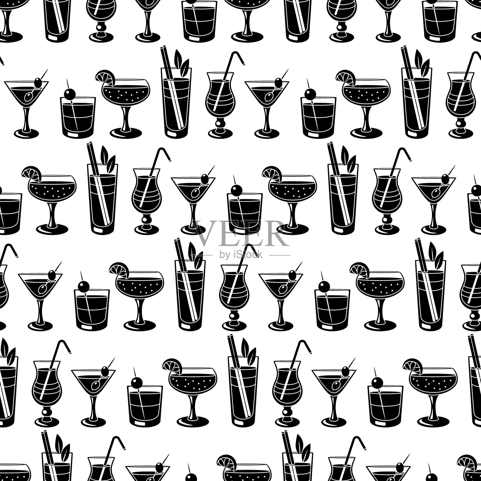 无缝模式的鸡尾酒在玻璃插画图片素材