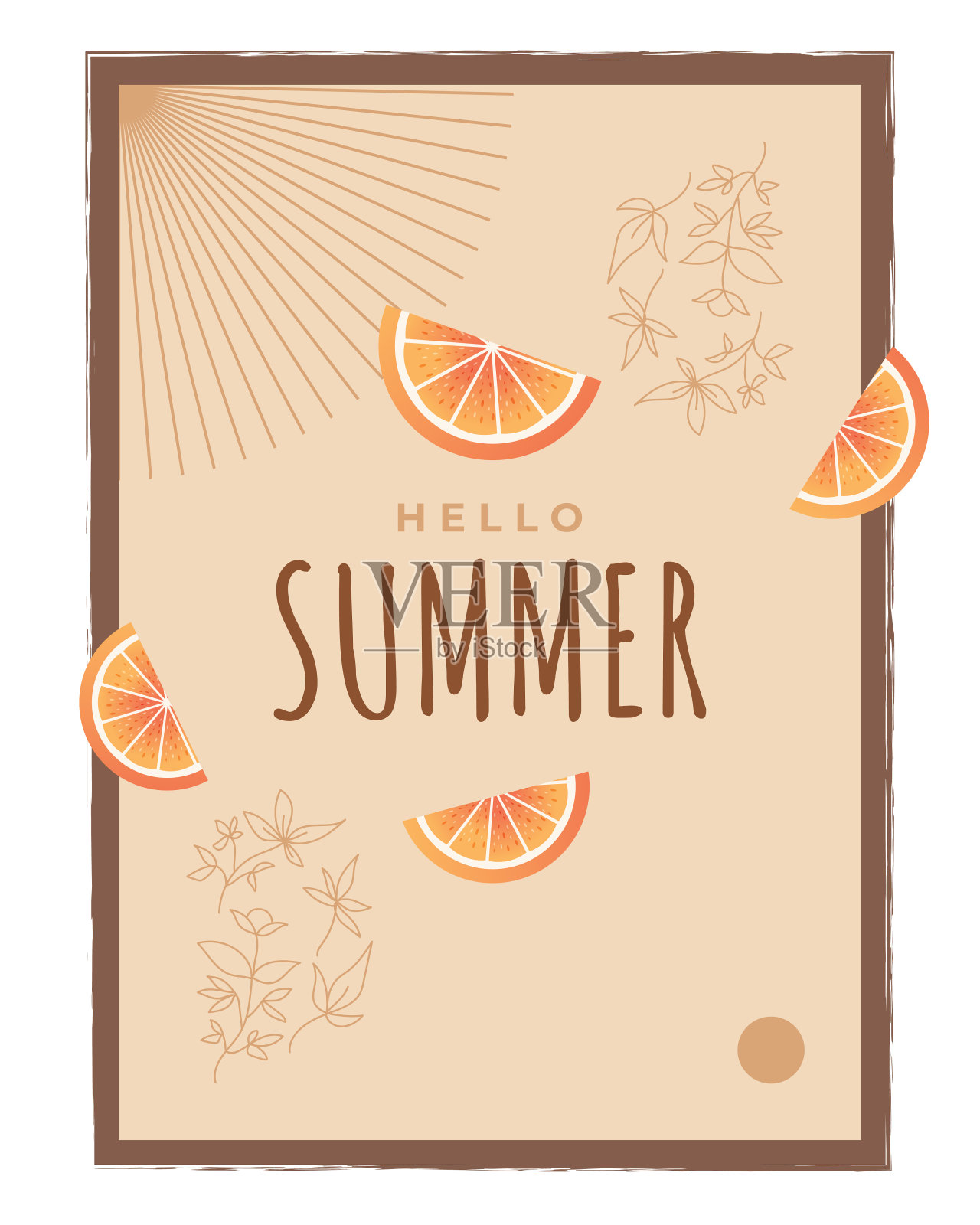 极简主义夏季背景与花朵和橙子插画。夏季背景的横幅或海报设计插画图片素材