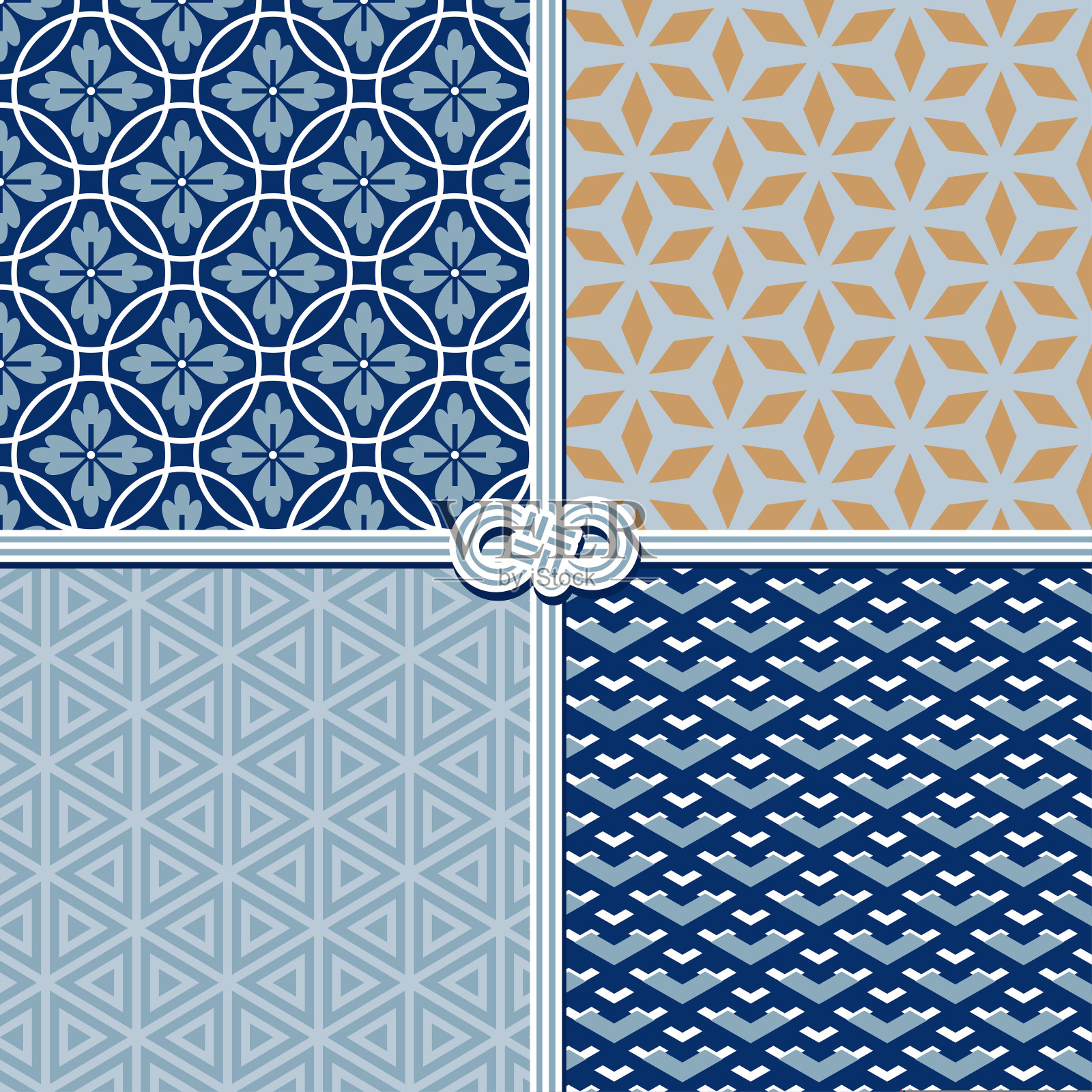 东方风格的传统无缝图案，套。花，星星，三角形，鱼鳞插画图片素材