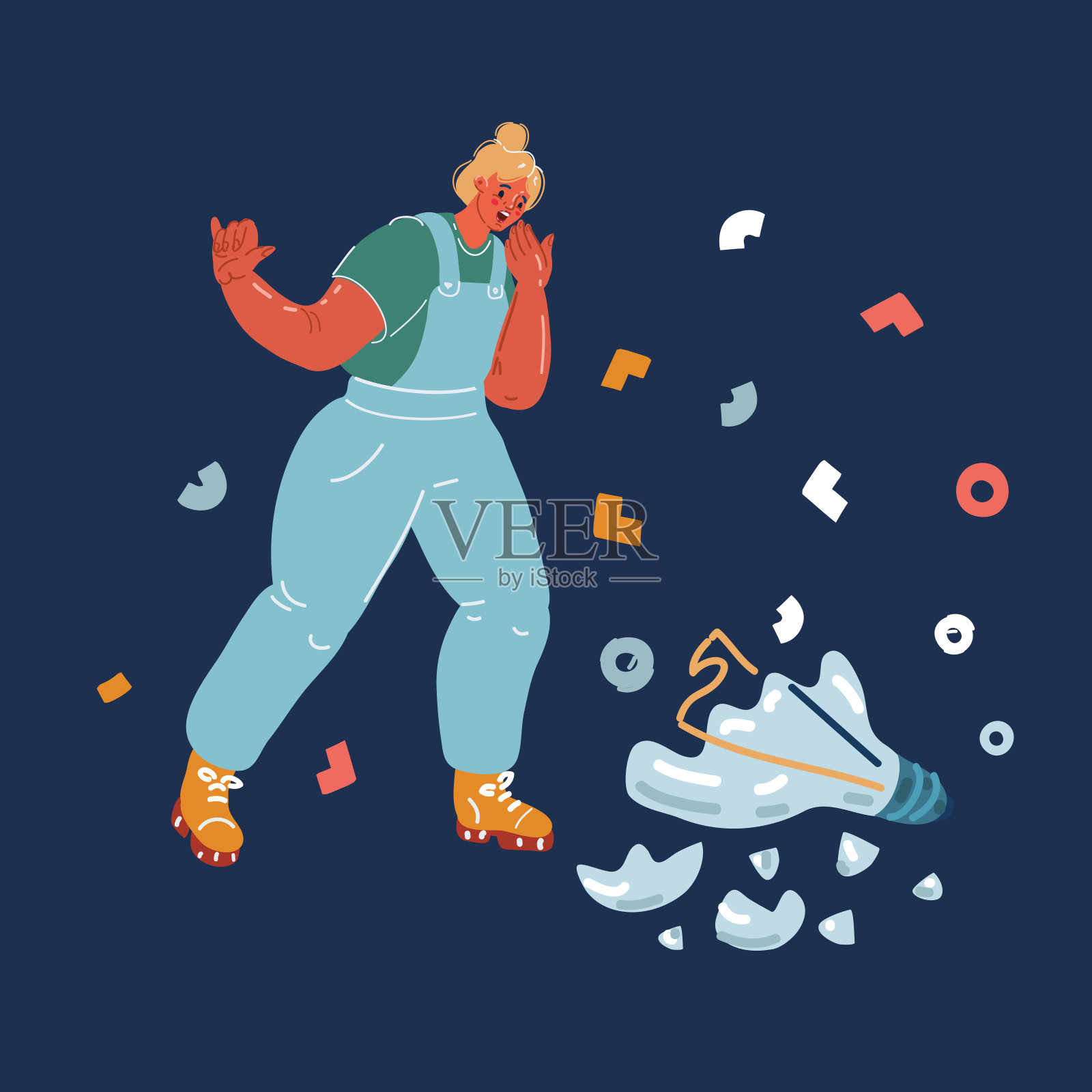 坏主意概念的卡通矢量插图。一个女人的项目失败了，她想出了一个糟糕的解决方案。人品都糊涂了，灯泡又坏了。插画图片素材