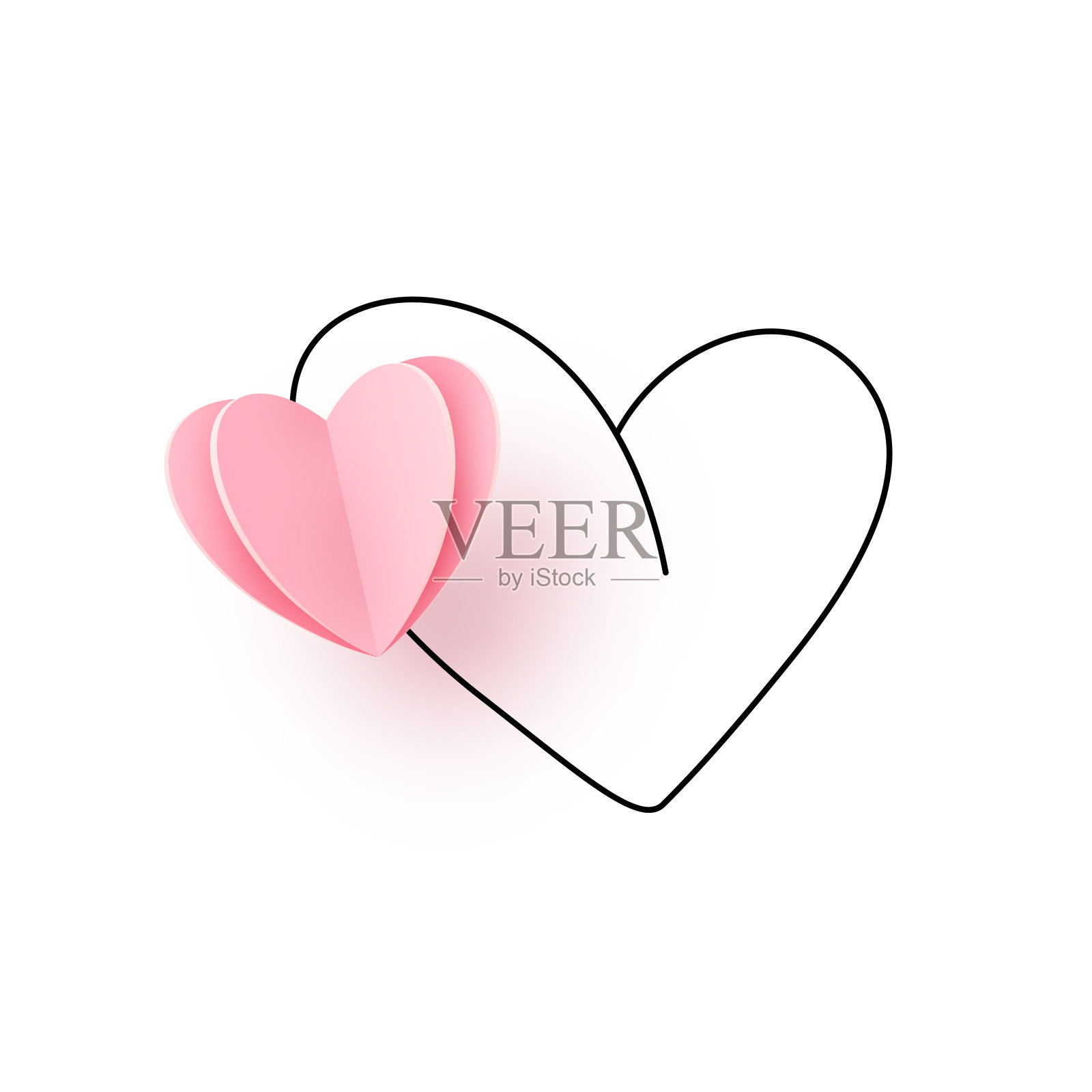 一个现实剪纸粉红色的心在心脏轮廓线，孤立在白色矢量背景。爱浪漫优雅的图案插画图片素材