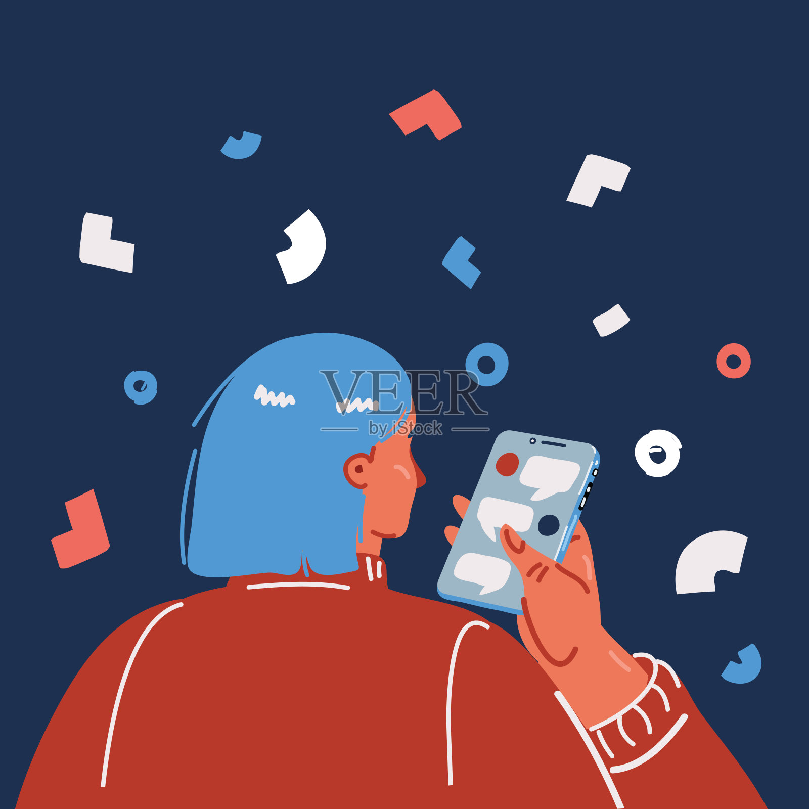 卡通矢量插图的接近背面后视图的年轻持有手机。后视插画图片素材