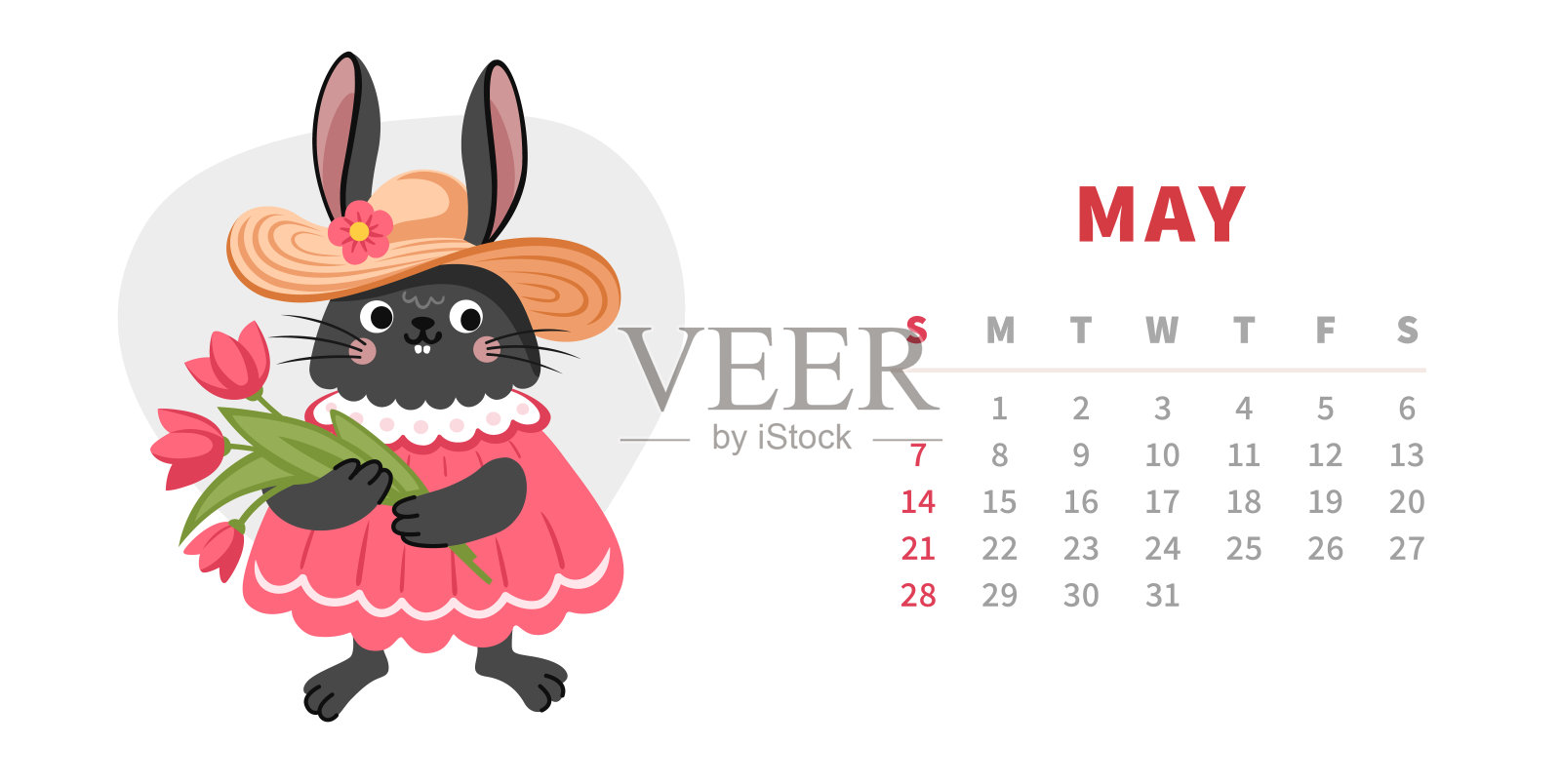 2023年5月的日历水平模板。中国黑水兔年。可爱的卡通兔子女孩与郁金香花的角色。矢量插图。设计模板素材