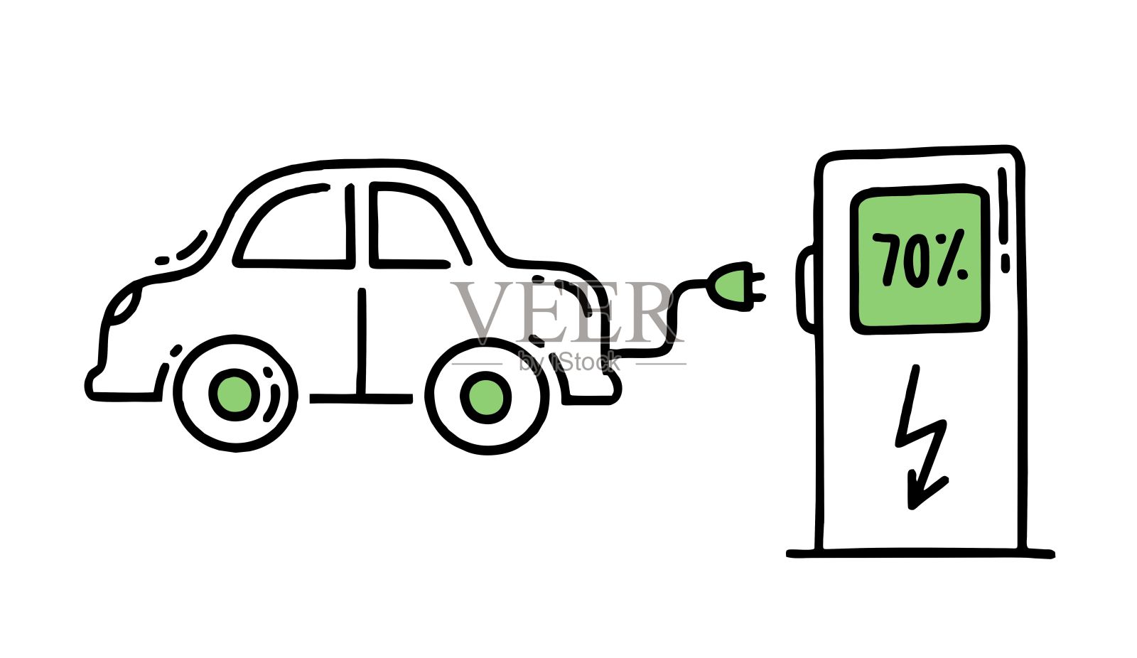 电动汽车。电动加油。二氧化碳气候变化的概念绿色能源。向量孤立的涂鸦插画图片素材