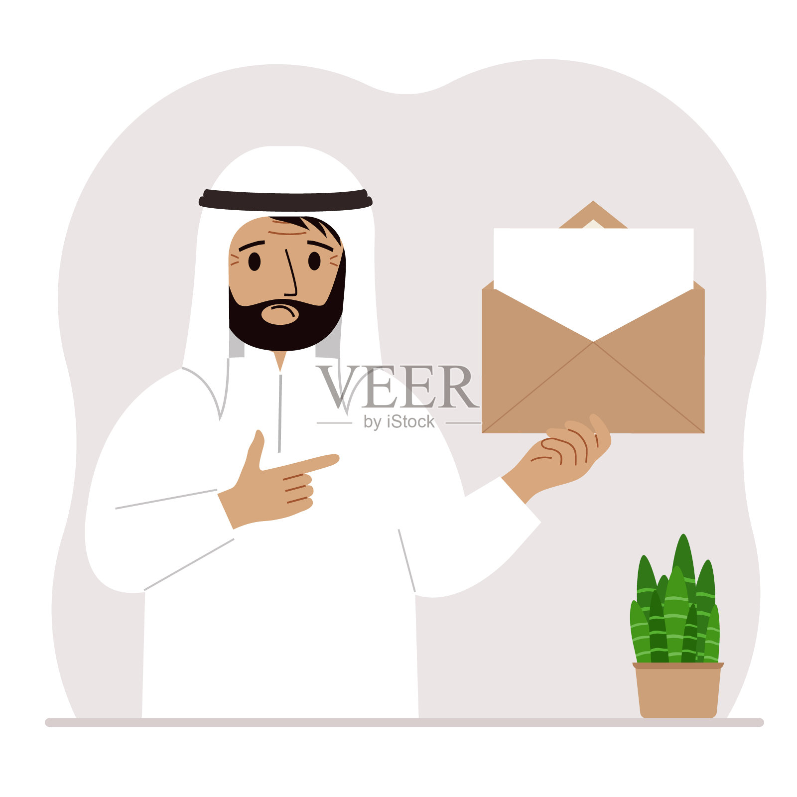 一个男人拿着一个打开的信封，里面有一封信。空白的一张纸作为文本模板。邮件的概念。发送消息、通知、邀请插画图片素材