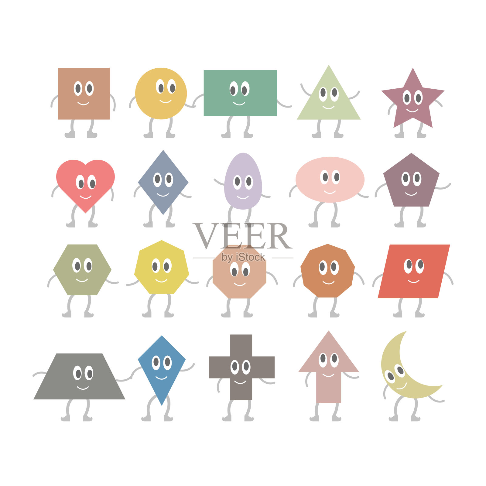 卡通几何图形集合为儿童学习基础数学教育与笑脸字符插图为幼儿园，学前教育和蒙特梭利儿童。插画图片素材