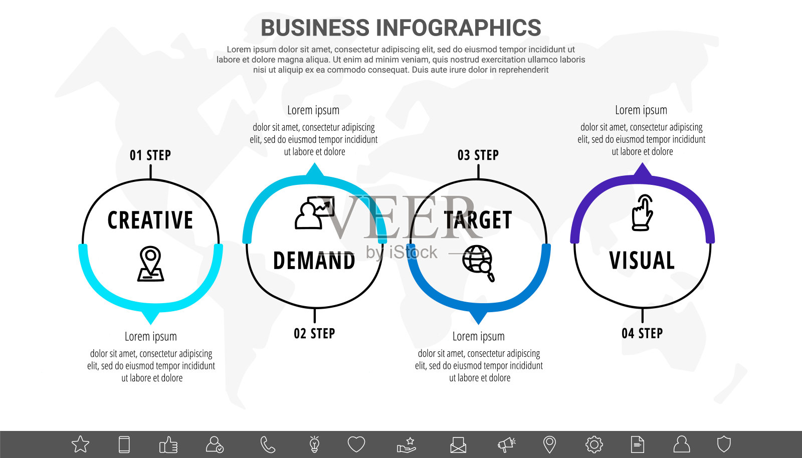 带有四个圆圈和箭头的手绘矢量线信息图。包含4个步骤的流程图流程模板。商业项目的现代时间表，演示设计模板素材
