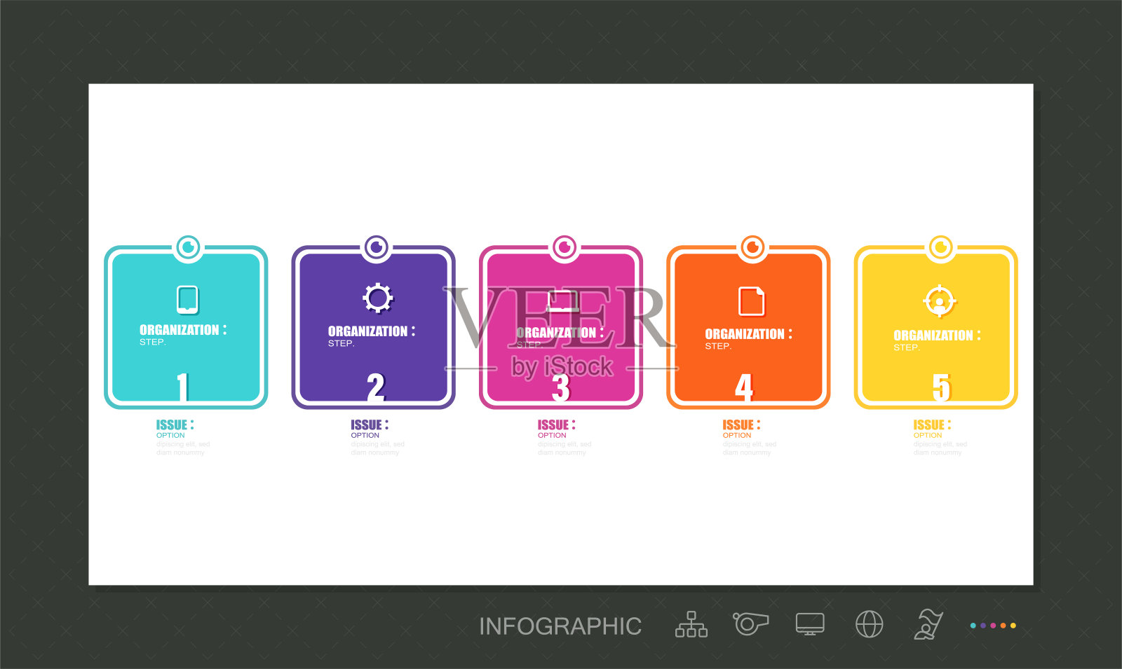 带有图标和5个选项或步骤的商业信息图设计模板向量。可以用于流程图，演示文稿，工作流布局，横幅，流程图，图标插画图片素材
