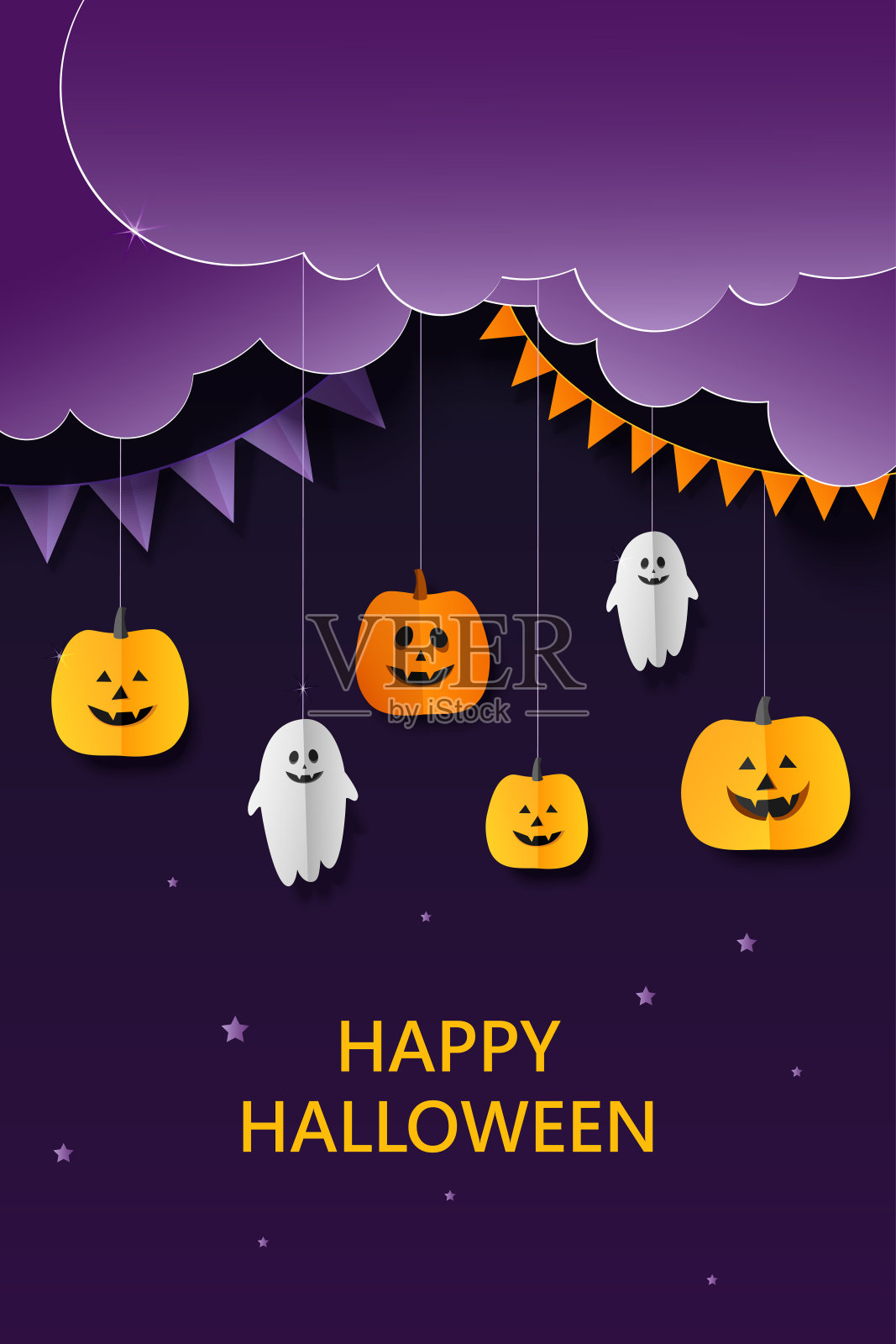 万圣节背景的南瓜和鬼剪纸风格设计模板素材