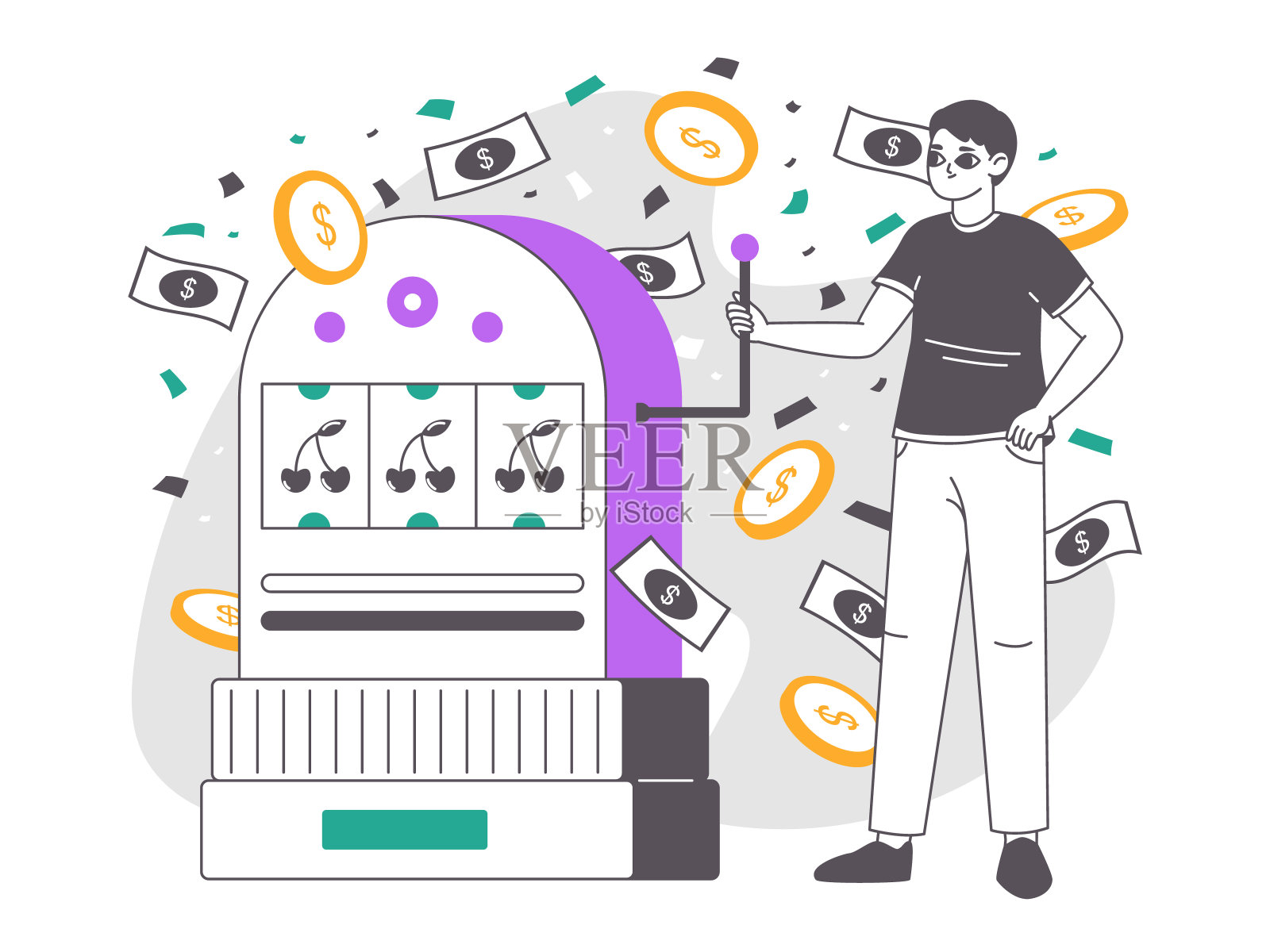 赌博幸运的赢家，老虎机快乐的玩家。男子玩赌场游戏，头奖中奖，独臂盗匪机平矢量插图。旋转游戏组合获胜的概念插画图片素材