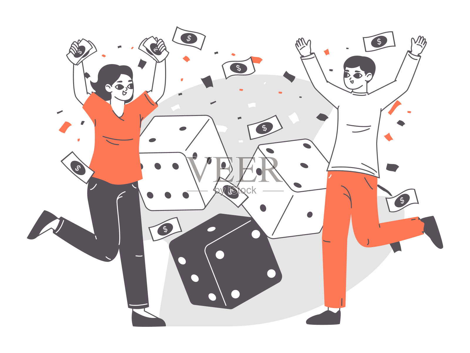 幸运赌场，扑克玩家，赌博人的概念。轮廓轮盘赌和扑克获胜，幸运游戏快乐赢家平坦矢量背景插图。比赛获胜的概念插画图片素材