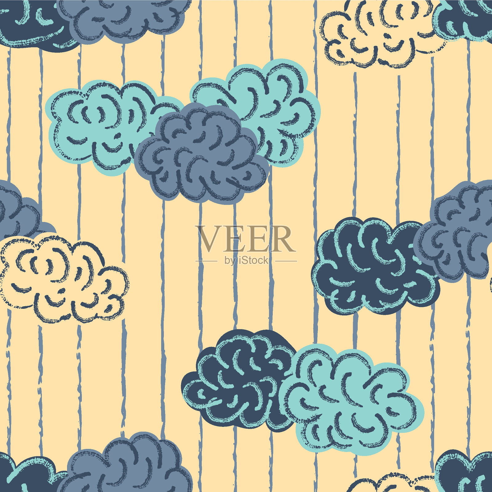 矢量云蓝色条纹黄色无缝图案插画图片素材