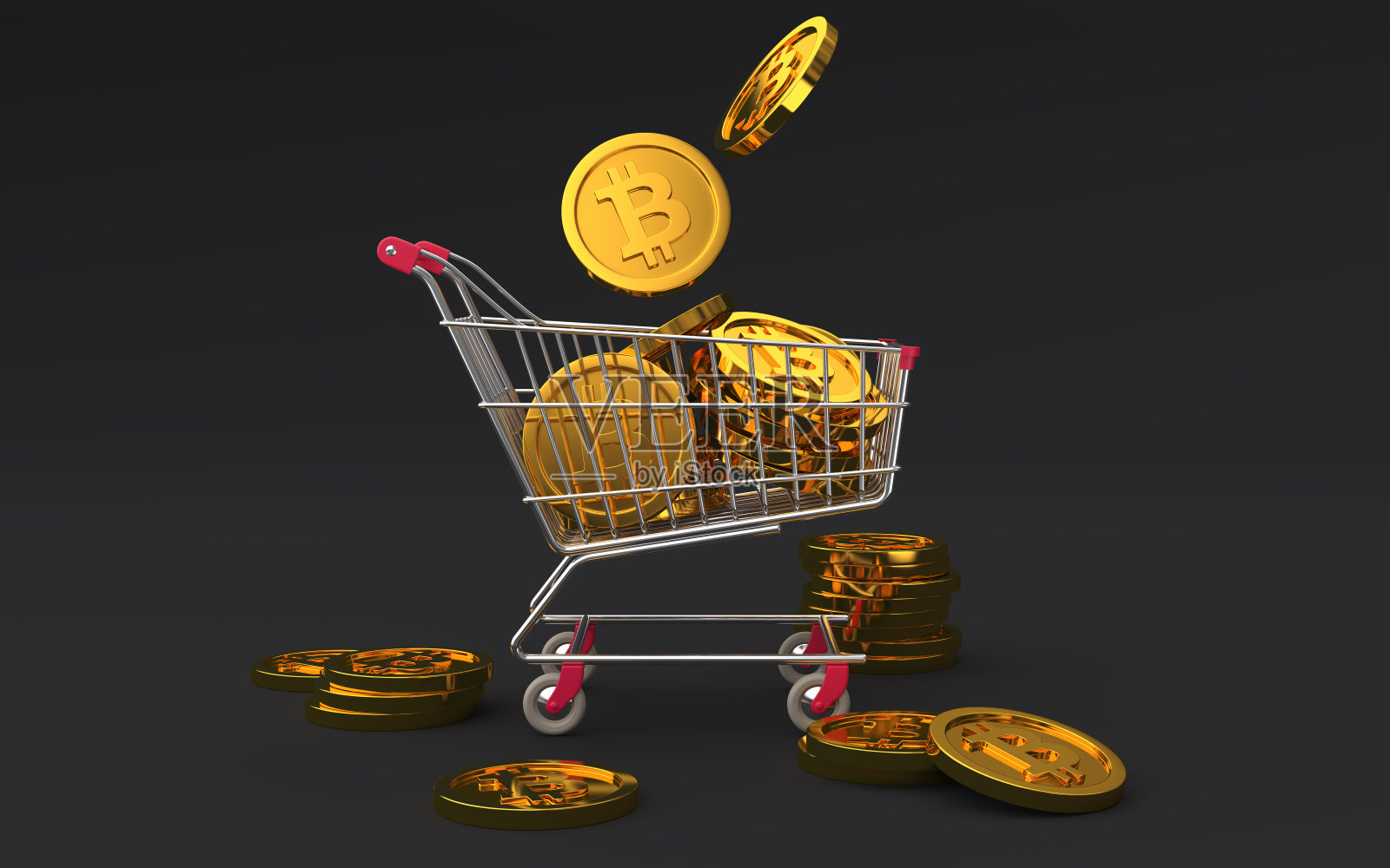 黄金比特币落在购物车孤立的黑色背景。3d比特币购买插图。加密货币或加密货币符号3D渲染照片摄影图片