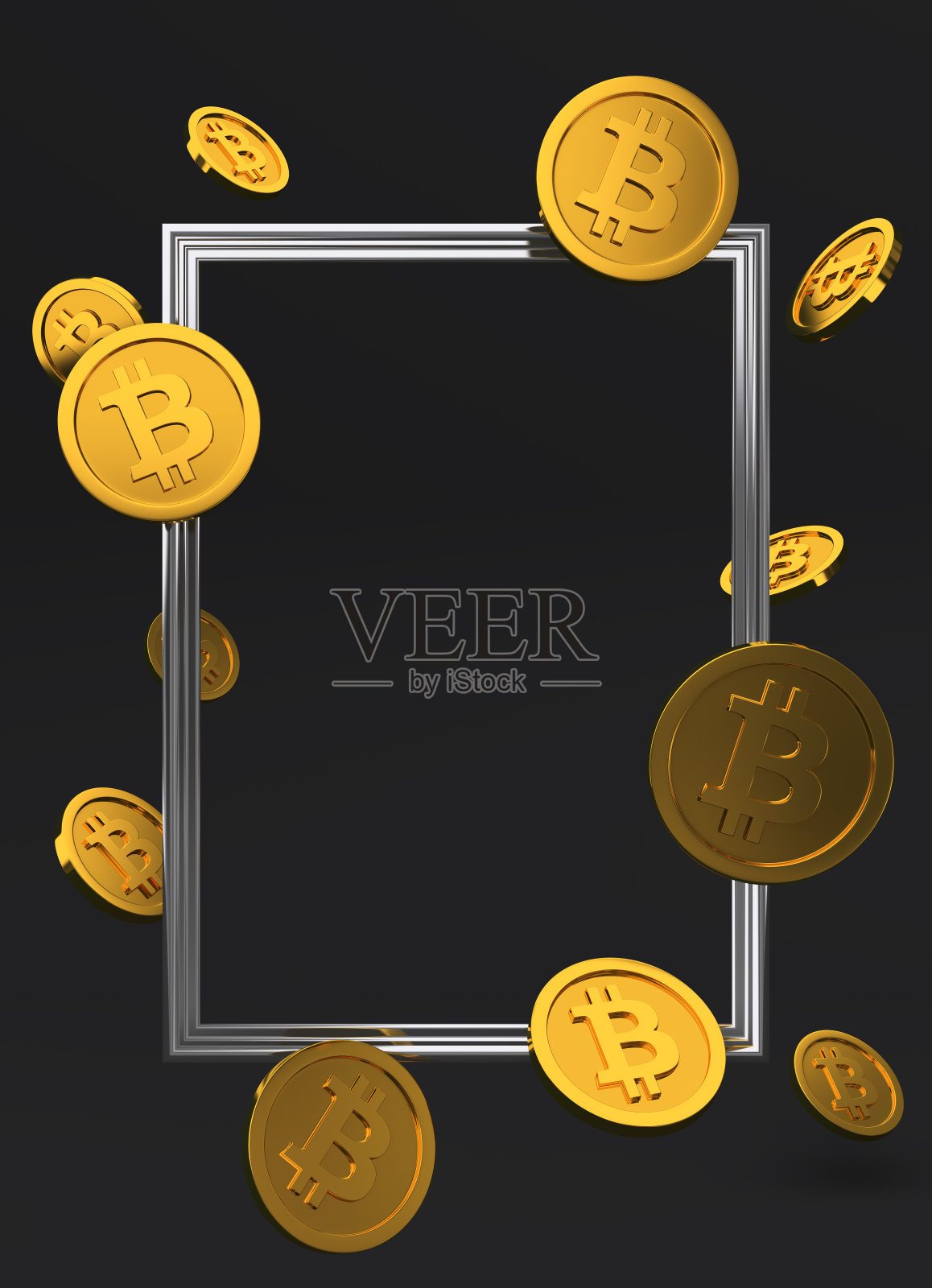 银色框架与黄金比特币隔离在黑色背景。3d比特币插图。3 d渲染。加密货币或加密货币符号照片摄影图片