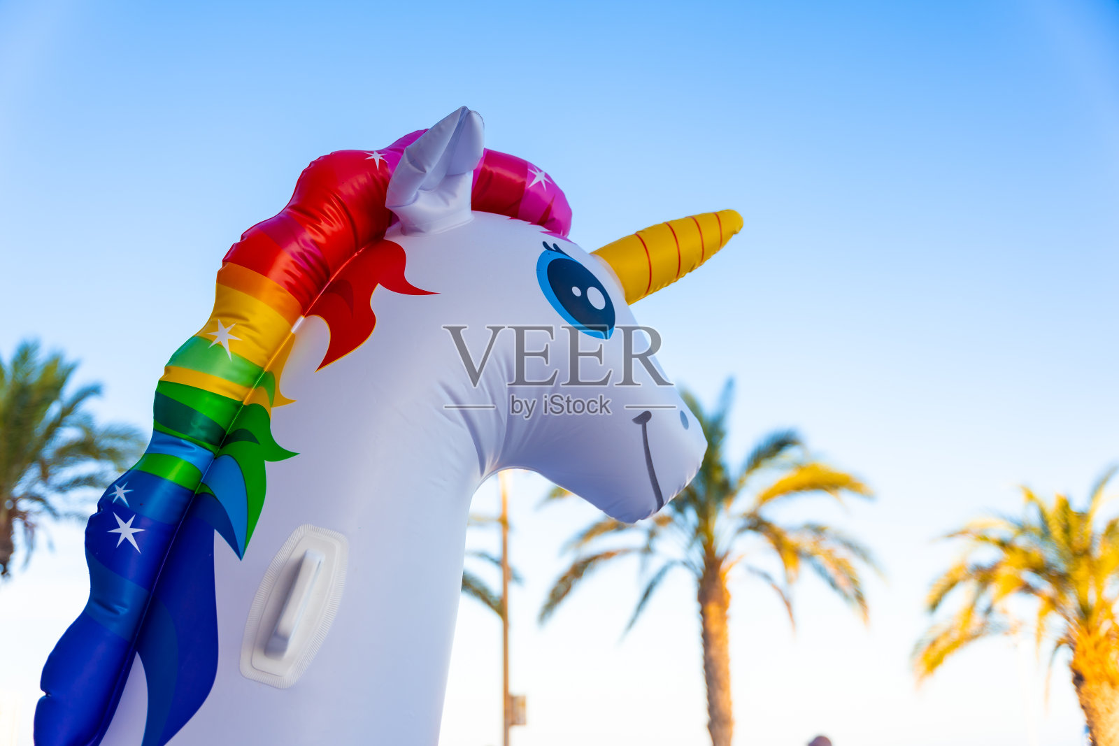 独角兽充气旁边的棕榈树，海滨避暑的概念照片摄影图片