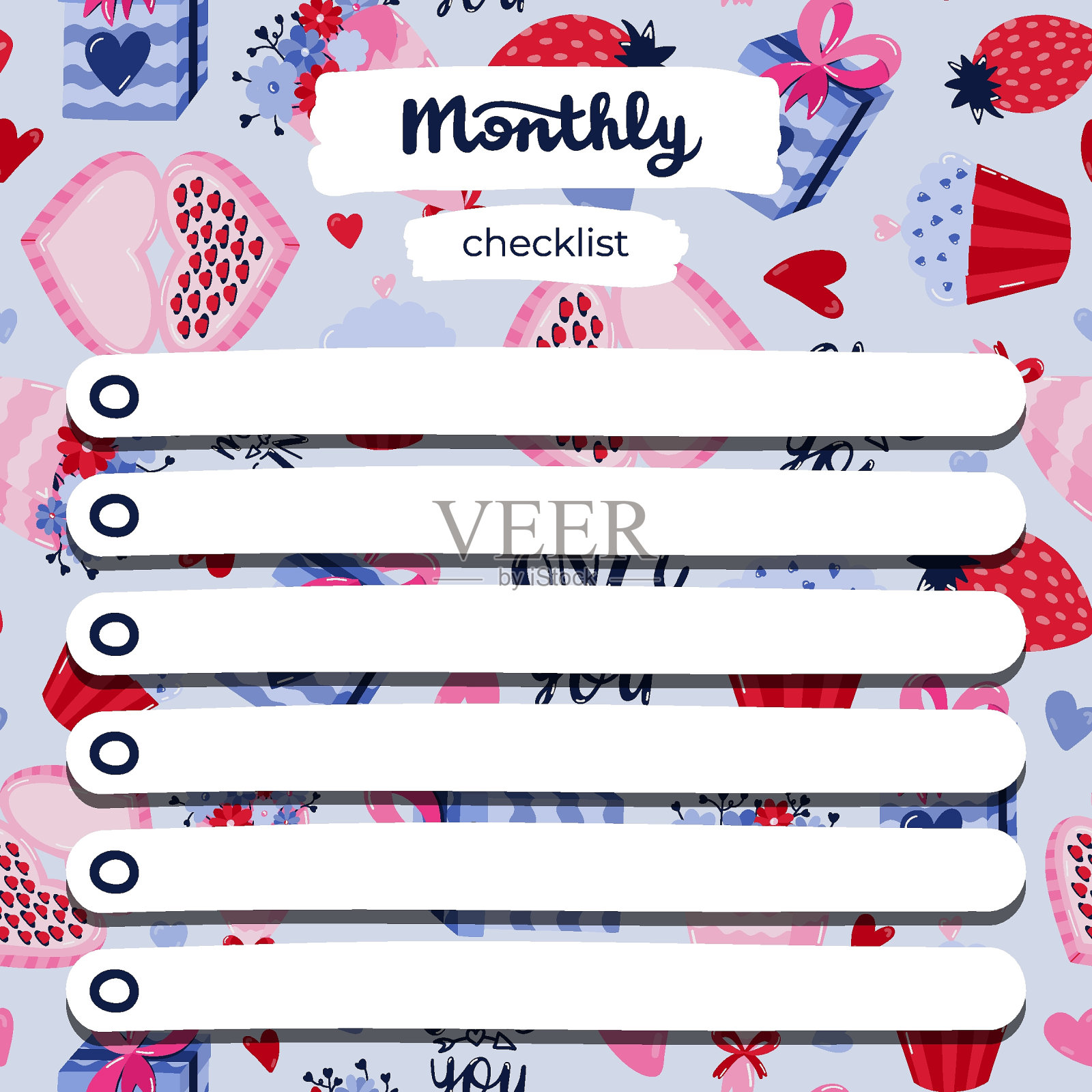 可爱的剪贴簿模板的计划(笔记，做，购买，阅读)与插图有关的爱，浪漫，情人节。可打印，可编辑的插图。学校和大学的课程表插画图片素材