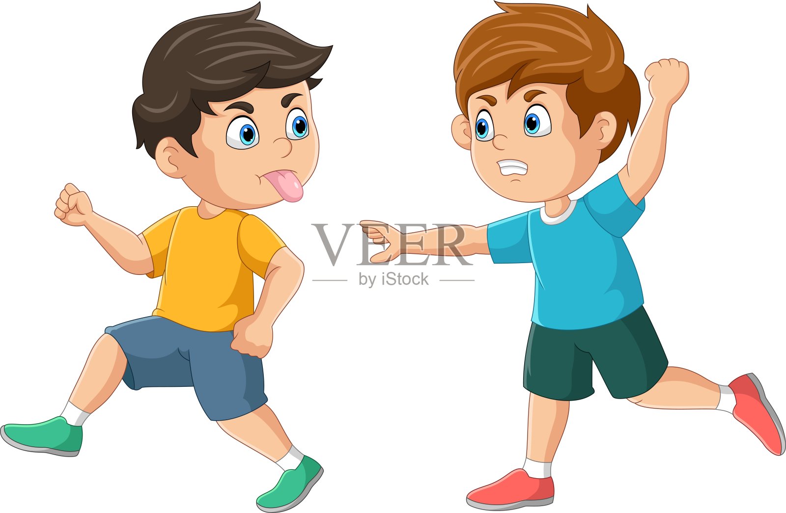 卡通坏男孩跑，露出舌头和鬼脸愤怒的朋友插画图片素材
