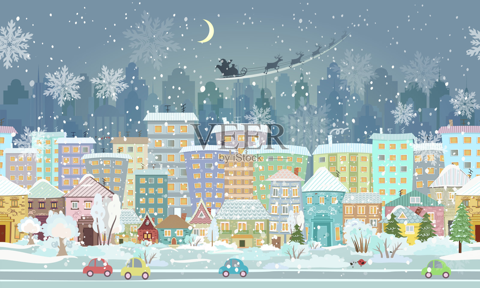 全景。无缝边界与冬季城市景观插画图片素材