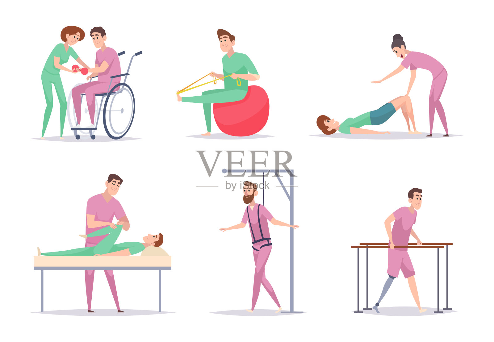 康复。医学插图招募和理疗治疗康复残疾人精确矢量卡通图片集插画图片素材