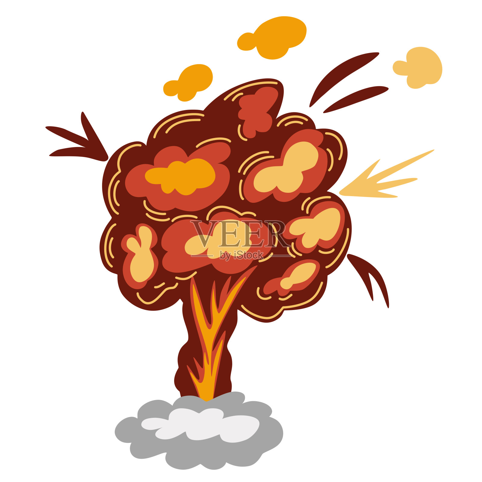 爆炸。漫画中的炸药或炸弹爆炸、起火。爆炸云和烟雾元素。危险的炸药爆炸，原子弹爆炸。矢量手绘插图。插画图片素材