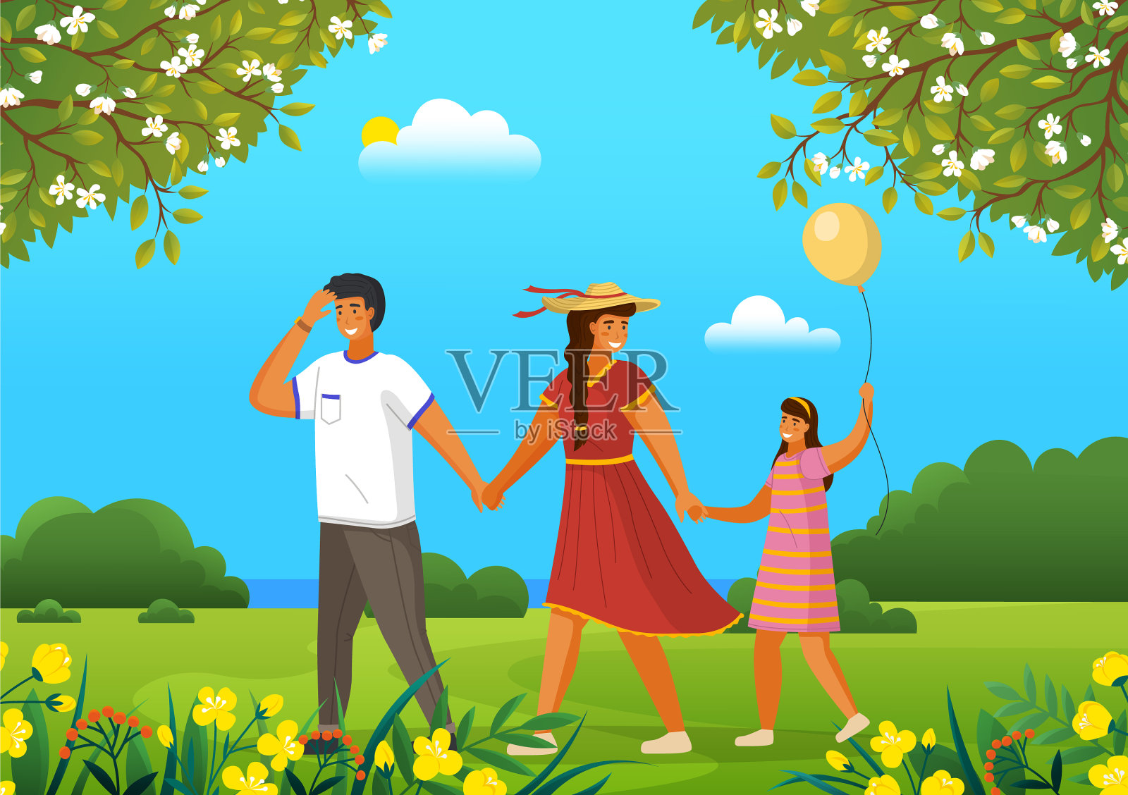爸爸、妈妈和女儿带着气球走路插画图片素材