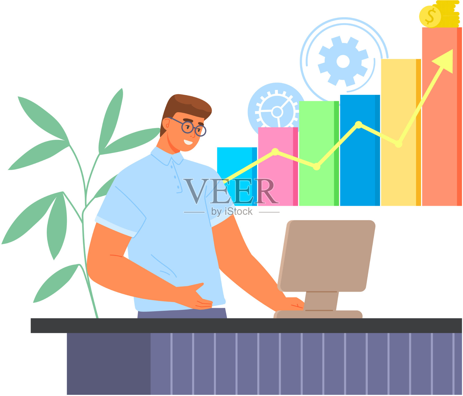 人在电脑上分析统计报告插画图片素材