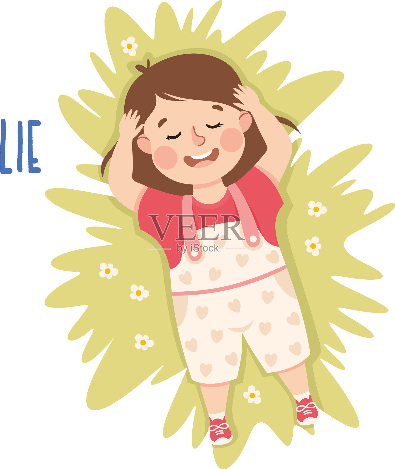 小女孩躺在绿色的草坪上示威设计元素图片