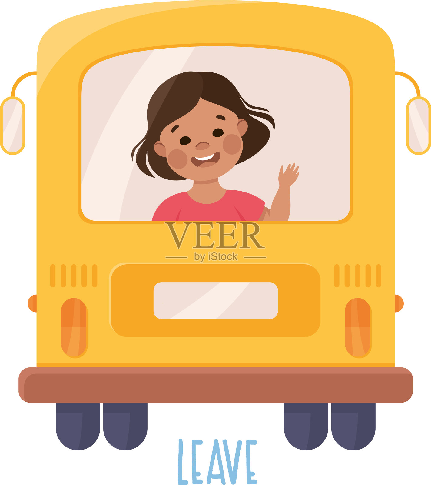 小女孩挥手离开公共汽车插画图片素材