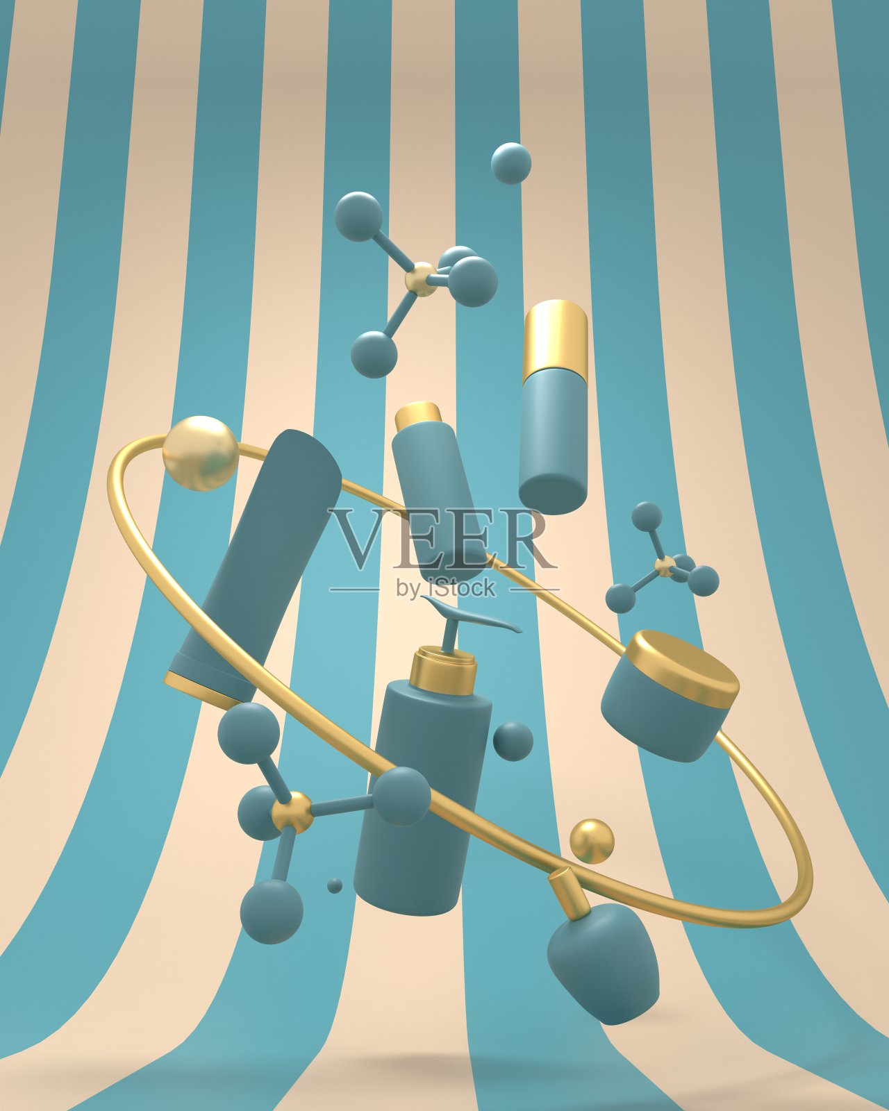 用于美容产品和几何形状的一套容器。抽象的分子模型。悬浮:一组物体的悬浮三维渲染插画图片素材