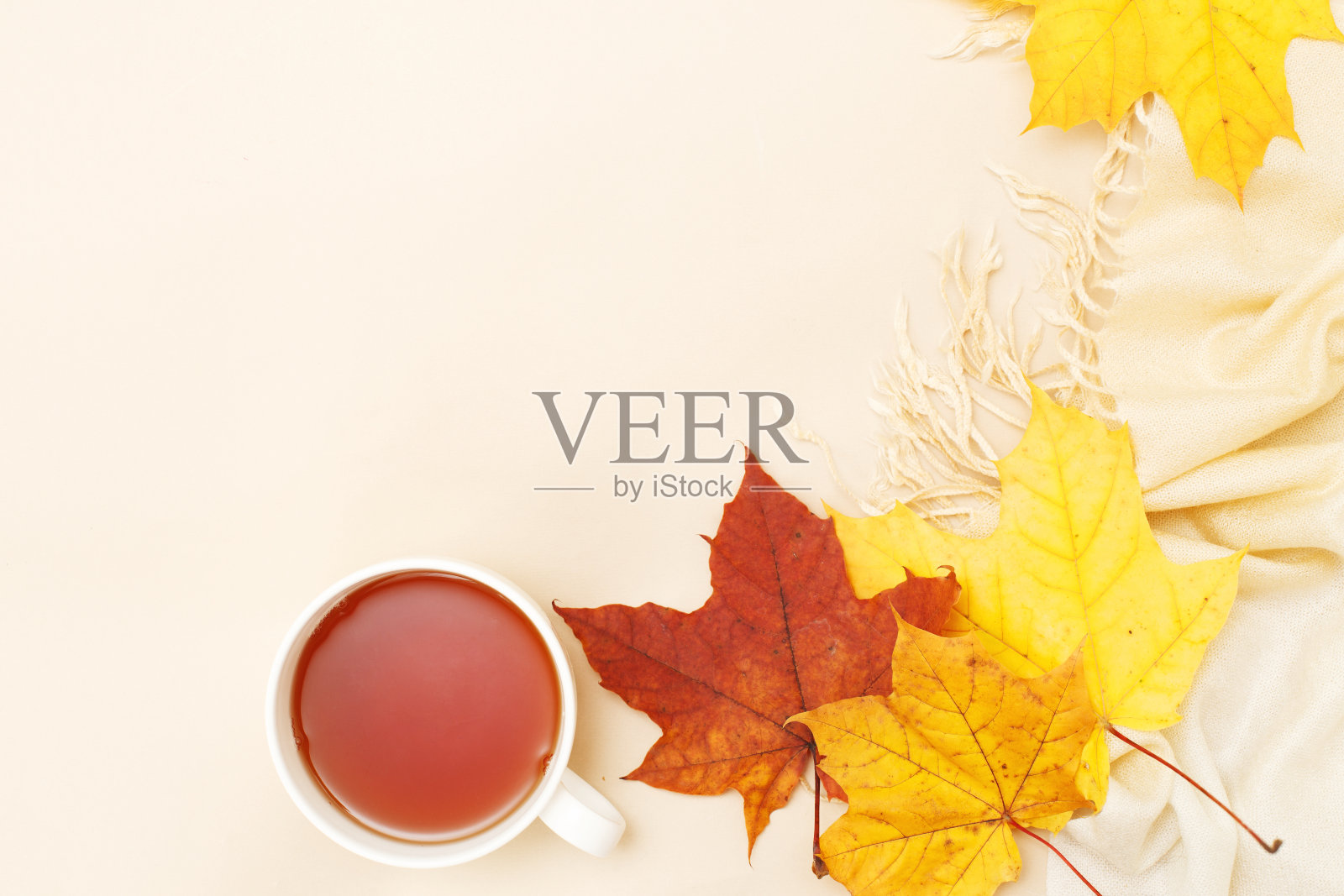 秋叶与一杯茶或咖啡旁边的围巾在米色背景与复制空间照片摄影图片