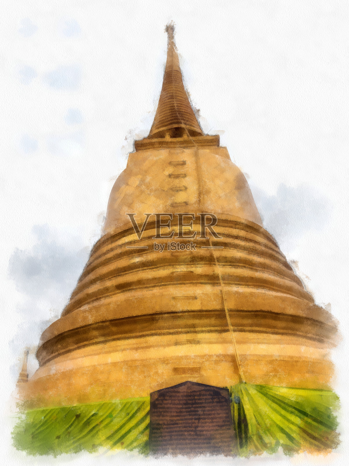 泰国中部的古建筑在曼谷卧寺建筑泰国水彩风格插图印象派绘画。插画图片素材