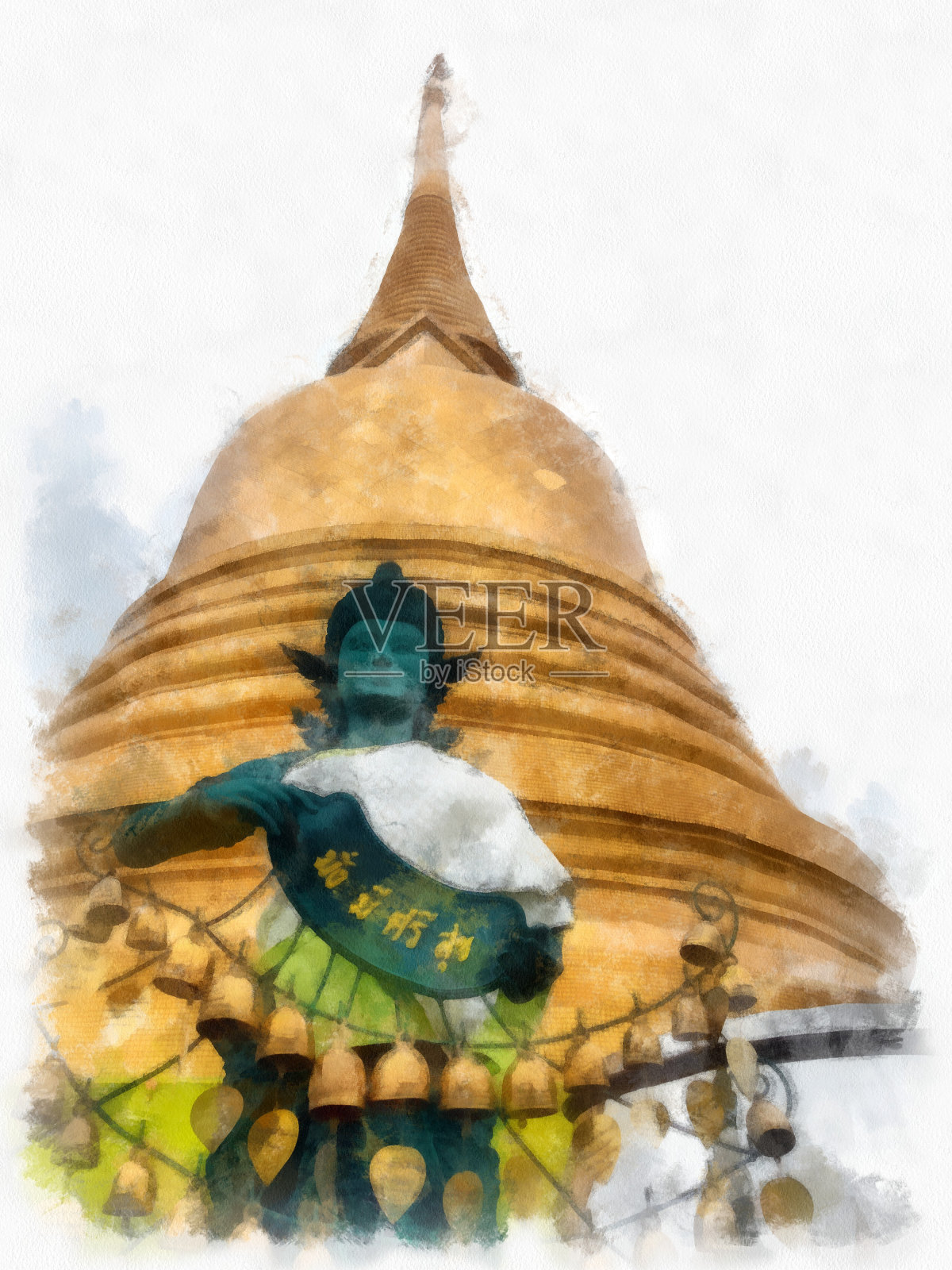 泰国中部的古建筑在曼谷卧寺建筑泰国水彩风格插图印象派绘画。插画图片素材