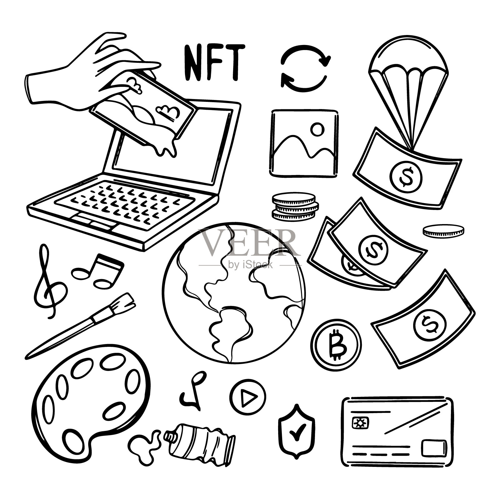 为加密货币在线销售艺术和音乐作品插画图片素材