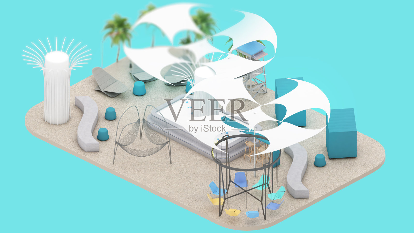 沙滩椅和沙滩沙滩的等距视图，在沙滩和运动场度假旅行，3D渲染照片摄影图片