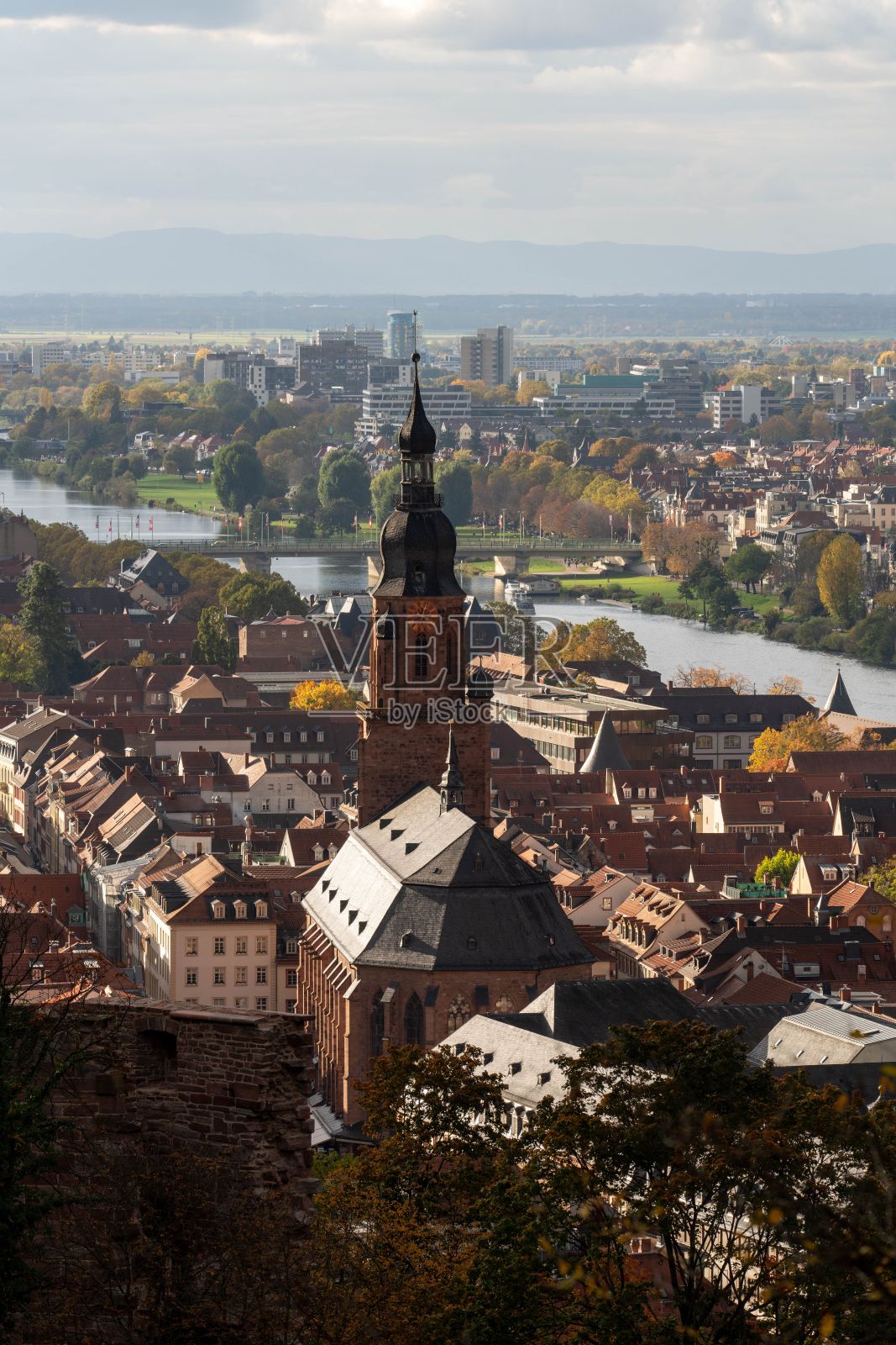 在阳光明媚的日子里，德国海德堡一座哥特式教堂的高塔垂直拍摄照片摄影图片