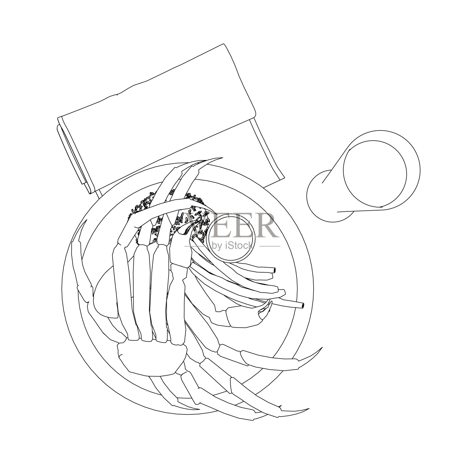 一个盘子上的螃蟹，一张餐巾和一个玻璃杯的轮廓从黑色的线孤立在白色的背景。从以上观点。矢量插图。插画图片素材