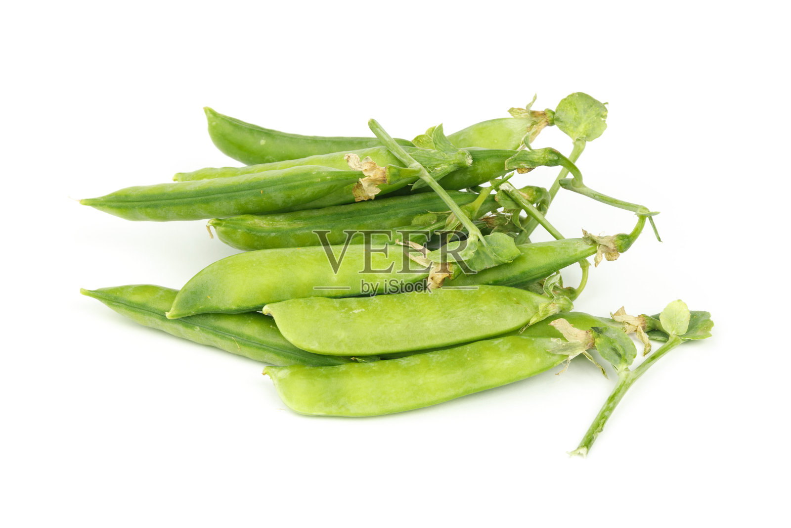 一束绿色的甜豌豆切在白色的背景上。照片摄影图片