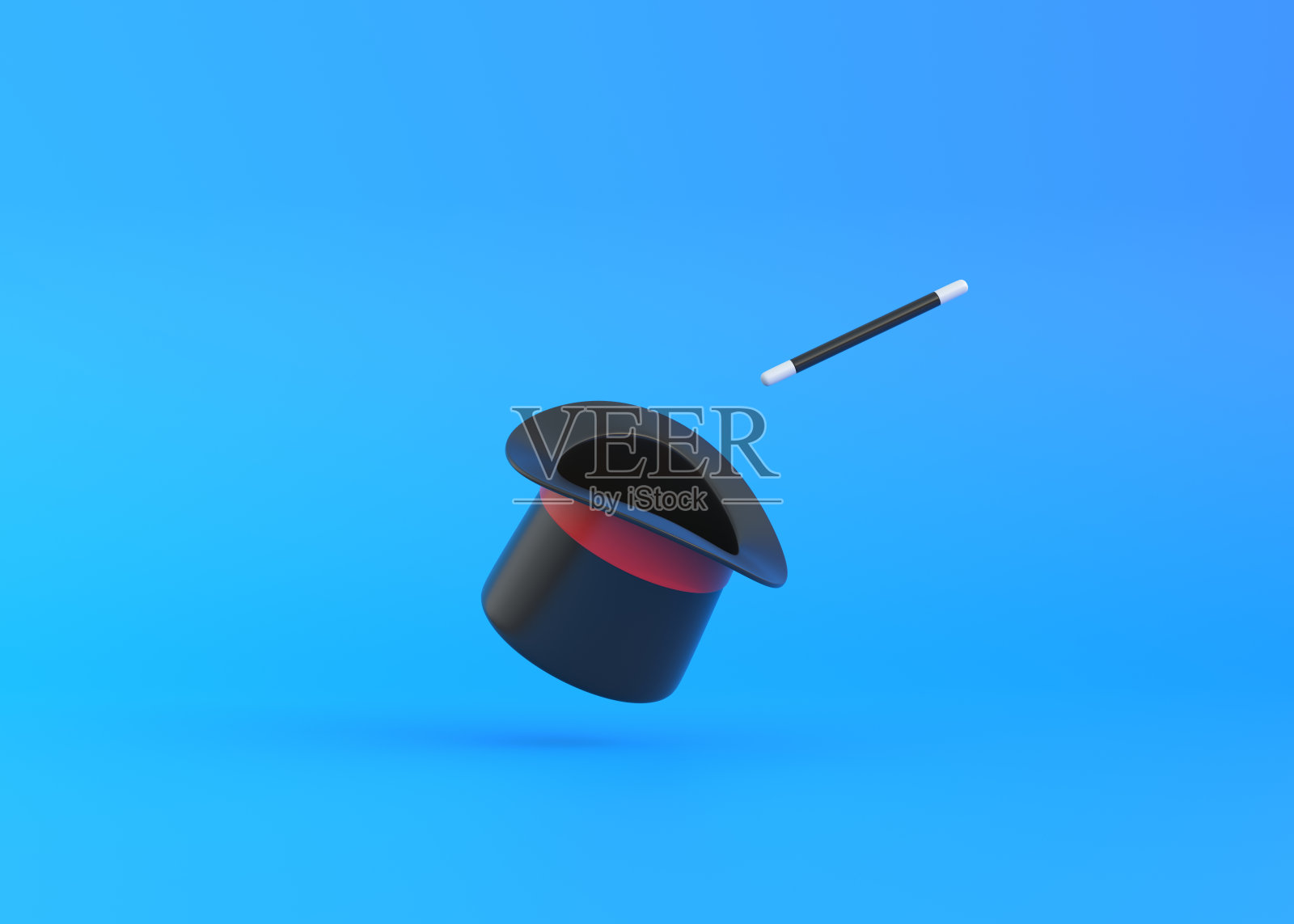 有红色丝带和蓝色背景的魔术棒的魔术师帽子照片摄影图片