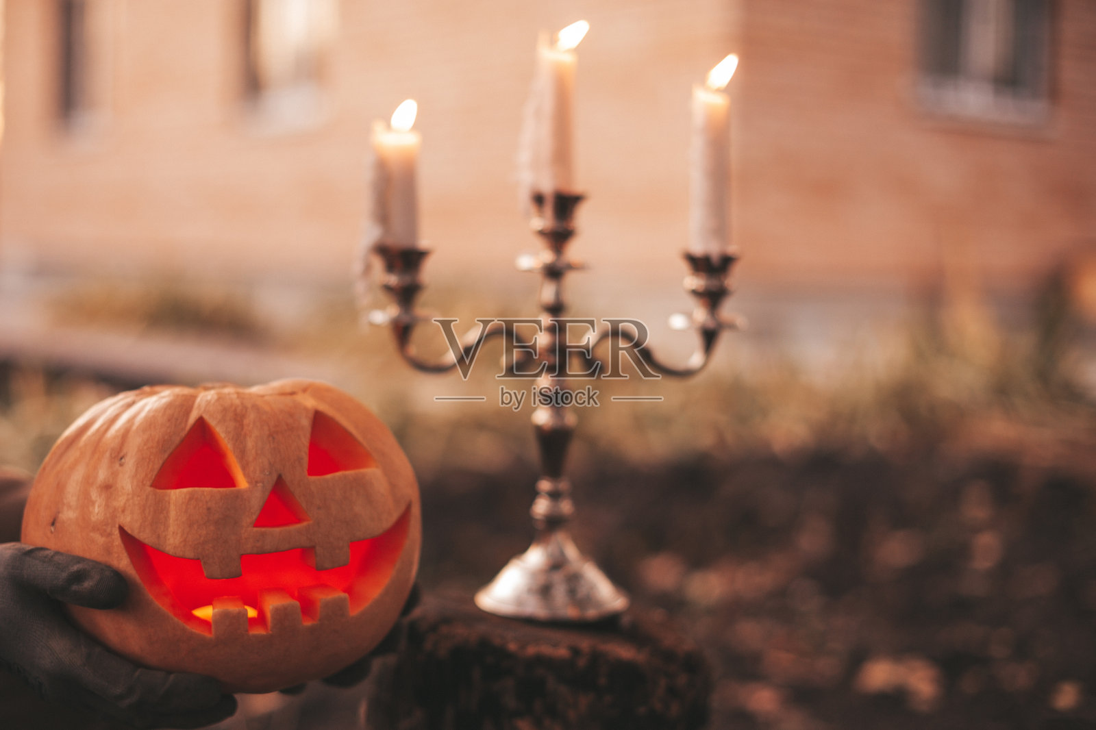 美丽的微笑发光橙色滑稽的脸雕刻南瓜万圣节假期在白天户外照片摄影图片