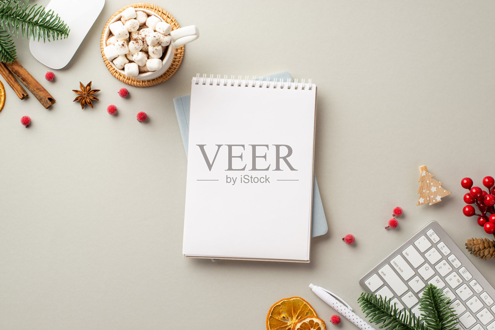 新年的概念。俯视图照片计划键盘电脑鼠标杯可可棉花糖槲寄生杉树树枝干橙片肉桂棒在孤立的灰色背景与copyspace照片摄影图片